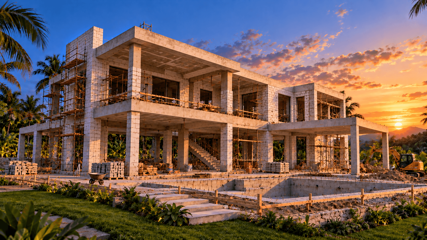 Casa y villa contemporánea terminada al atardecer en República Dominicana - Constructora Benyis SRL